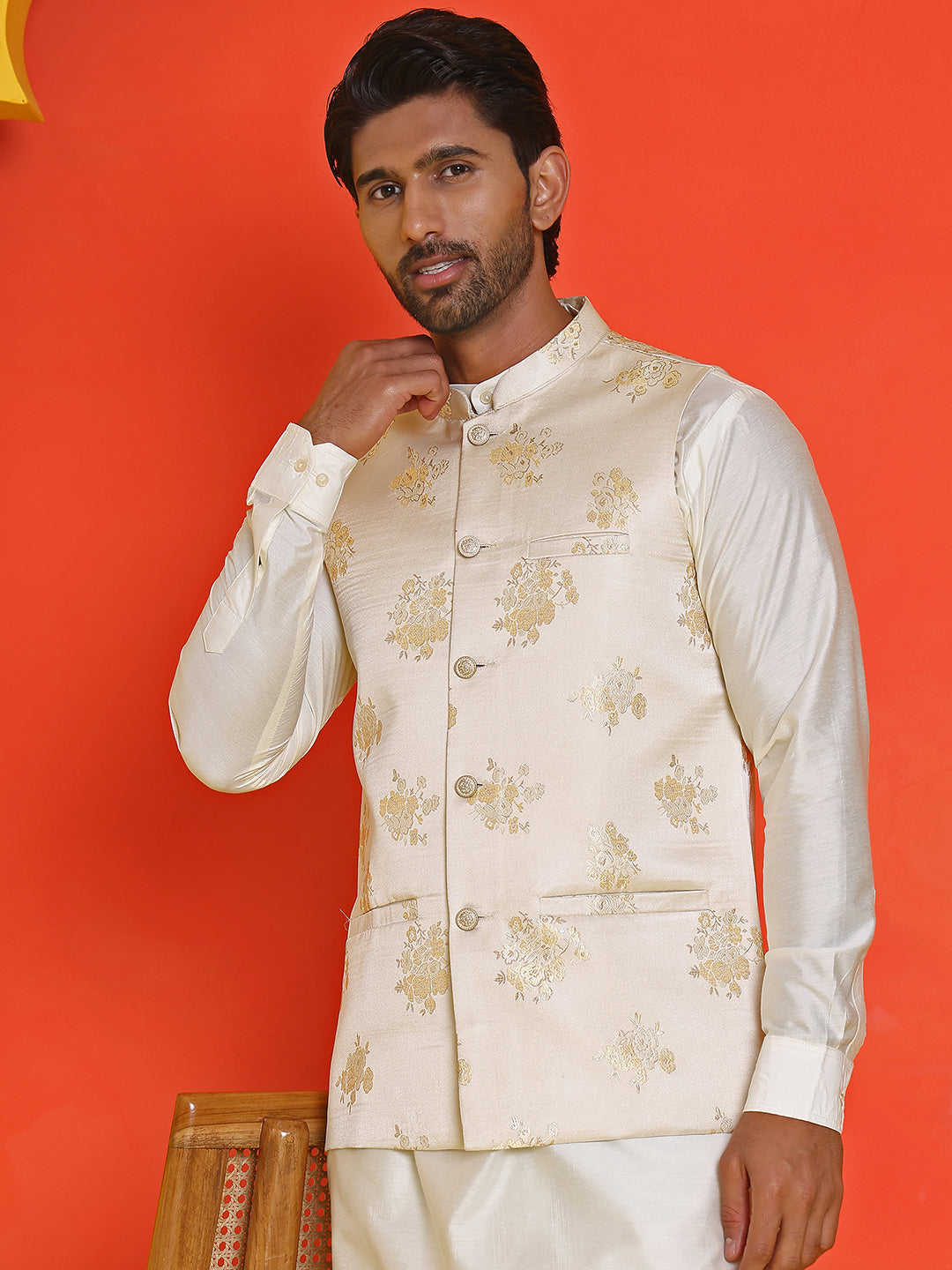 DesiQlo Men Self Design Nehru Jacket and Kurta Pyjama S - JO 0cream