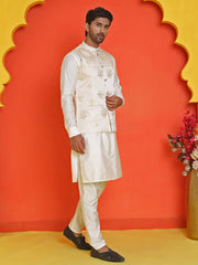 Embossed  Nehru Jacket With Solid Kurta Pyjama ( JOKPWC 592W 4130 Cream )