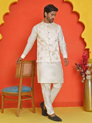Embossed  Nehru Jacket With Solid Kurta Pyjama ( JOKPWC 592W 4130 Cream )