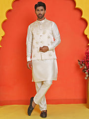 Embossed  Nehru Jacket With Solid Kurta Pyjama ( JOKPWC 592W 4130 Cream )