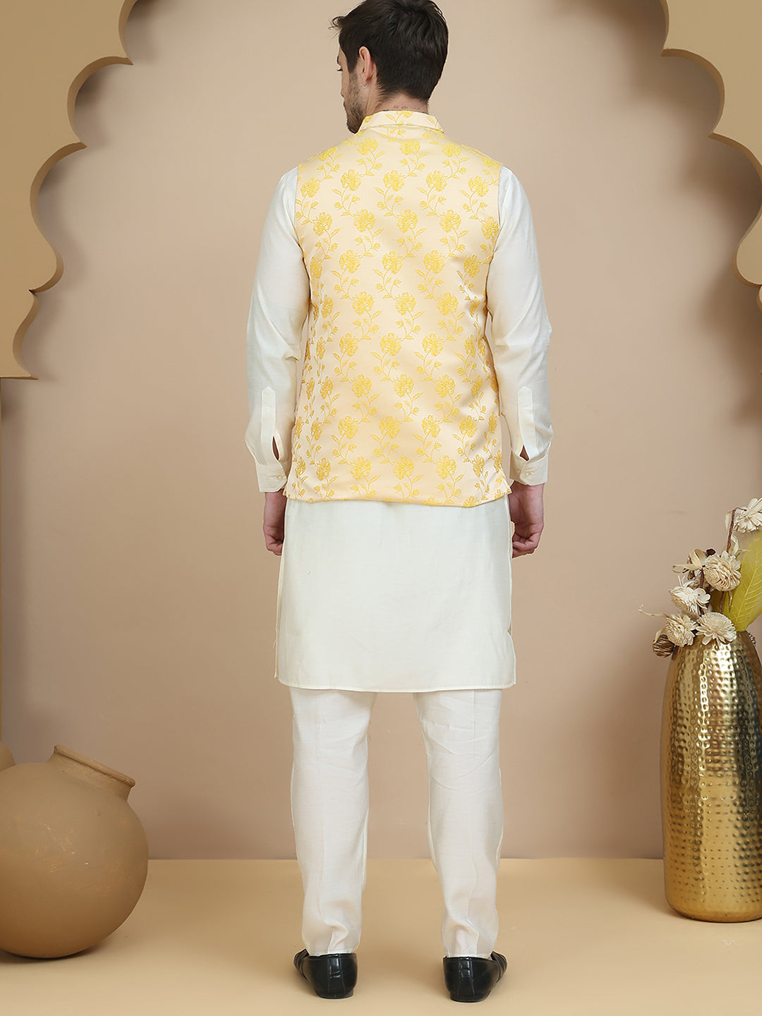 DesiQlo Men Self Design Nehru Jacket and Kurta Pyjama S - JO yellow