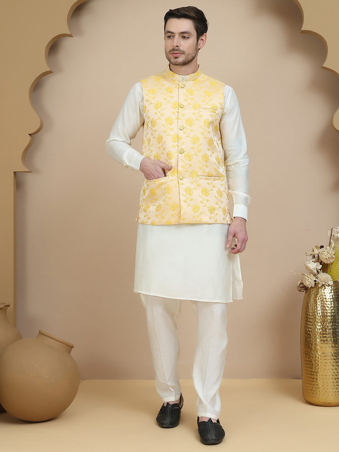 DesiQlo Men Self Design Nehru Jacket and Kurta Pyjama S - JO yellow