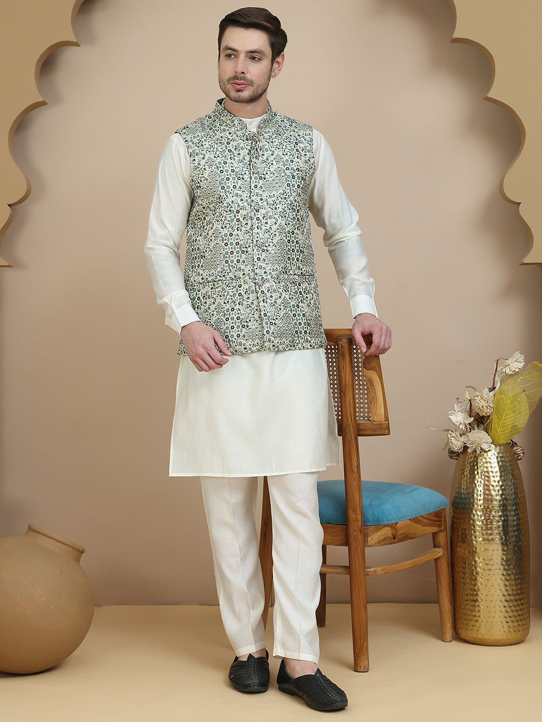 DesiQlo Men Woven Design Nehru Jacket and Kurta Pyjama  - JO 34blue
