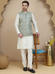 Embossed Nehru Jacket with Solid Kurta Set for Men ( JOKPWC 592W 4134 Blue )