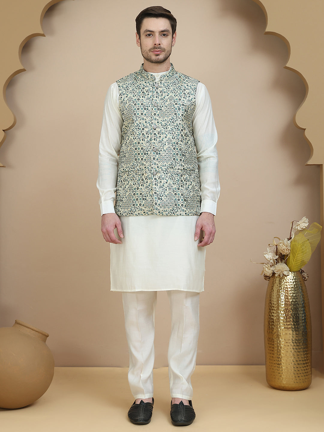 DesiQlo Men Woven Design Nehru Jacket and Kurta Pyjama  - JO 34blue