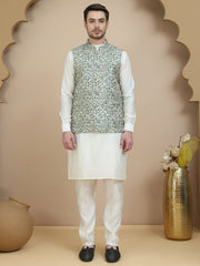 Embossed Nehru Jacket with Solid Kurta Set for Men ( JOKPWC 592W 4134 Blue )