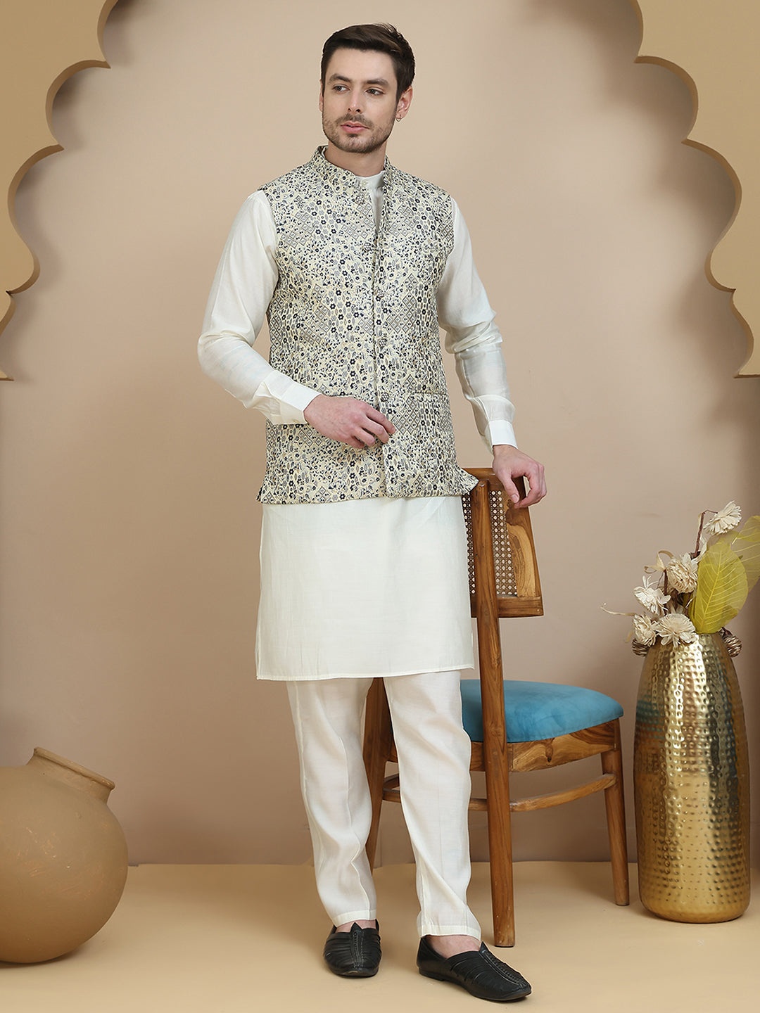 DesiQlo Men Woven Design Nehru Jacket and Kurta Pyjama  - JO 34navy