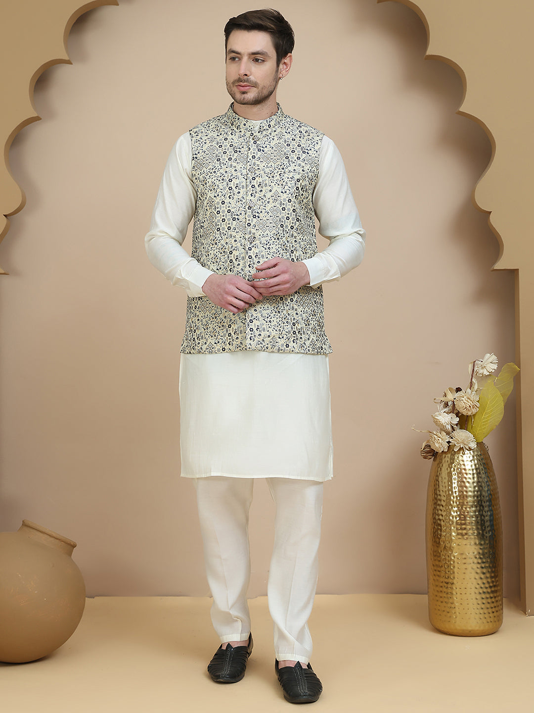 DesiQlo Men Woven Design Nehru Jacket and Kurta Pyjama  - JO 34navy