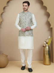 Embossed Nehru Jacket with Solid Kurta Set for Men ( JOKPWC 592W 4134 Navy )