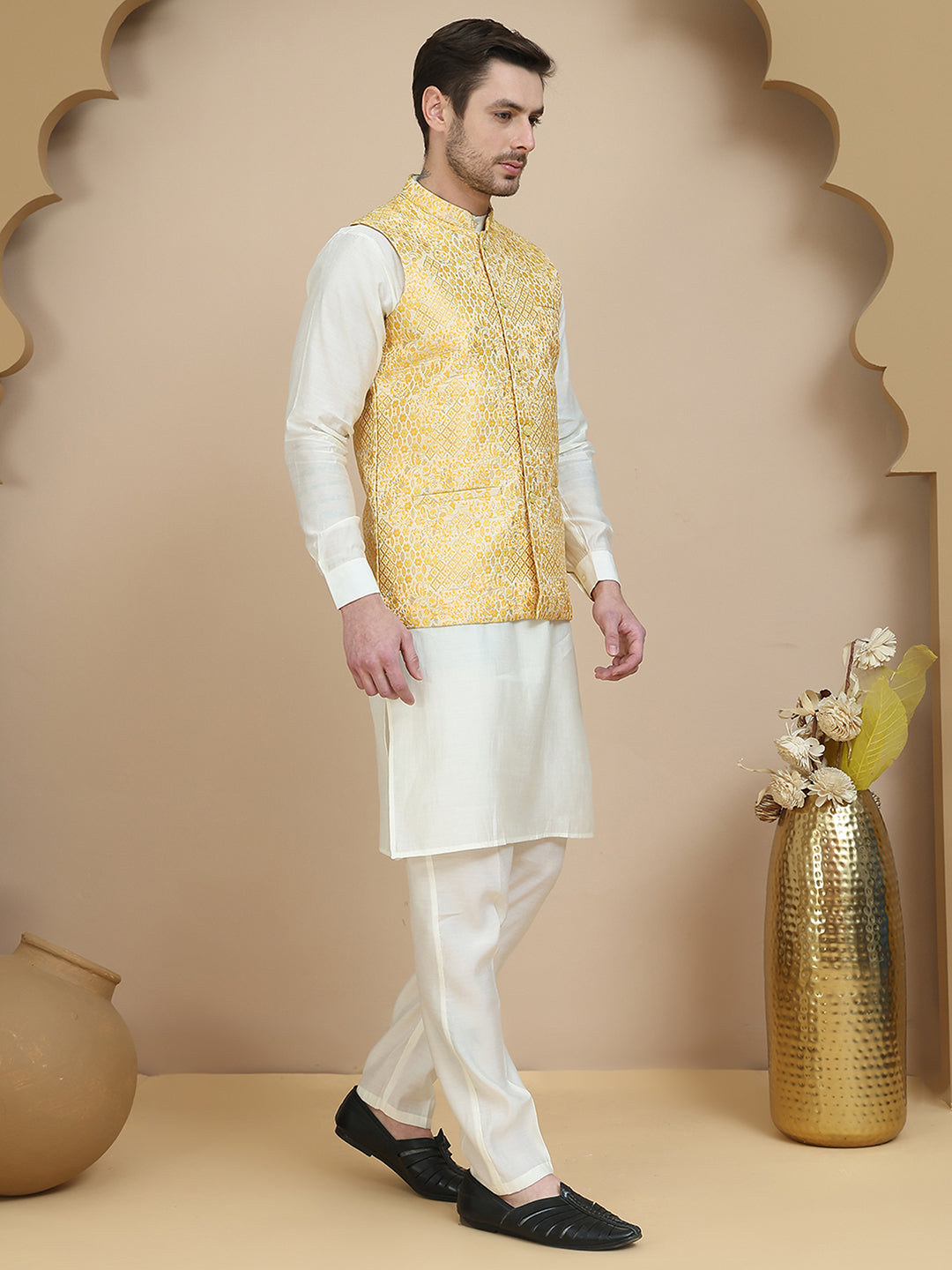 DesiQlo Men Woven Design Nehru Jacket and Kurta Pyjama  - JO yellow