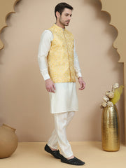 Embossed Nehru Jacket with Solid Kurta Set for Men ( JOKPWC 592W 4134 Yellow )