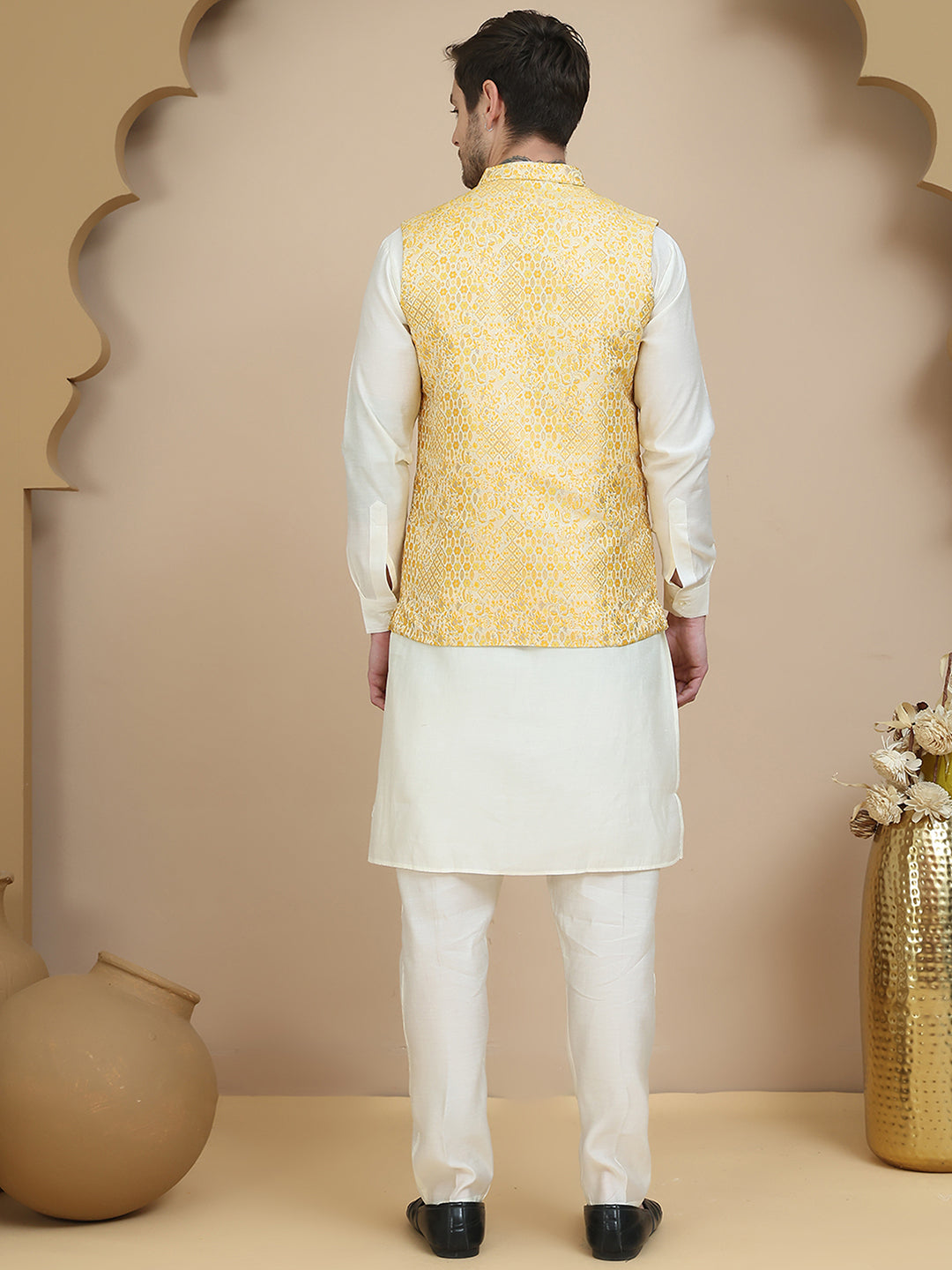 DesiQlo Men Woven Design Nehru Jacket and Kurta Pyjama  - JO yellow