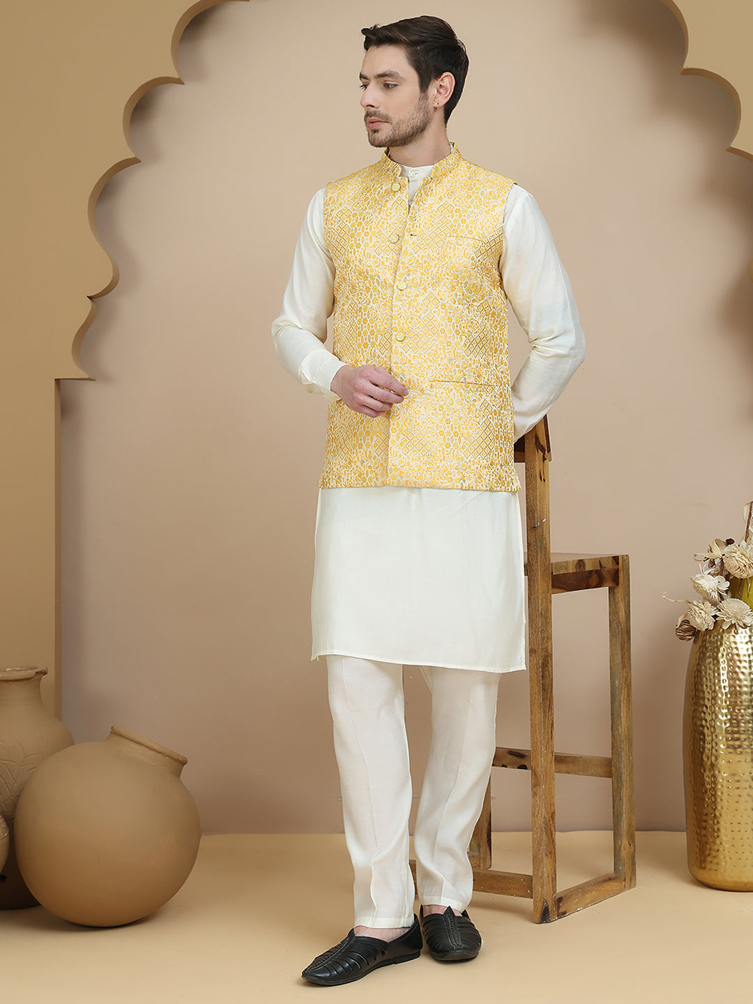 DesiQlo Men Woven Design Nehru Jacket and Kurta Pyjama  - JO yellow