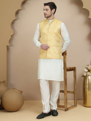 Embossed Nehru Jacket with Solid Kurta Set for Men ( JOKPWC 592W 4134 Yellow )