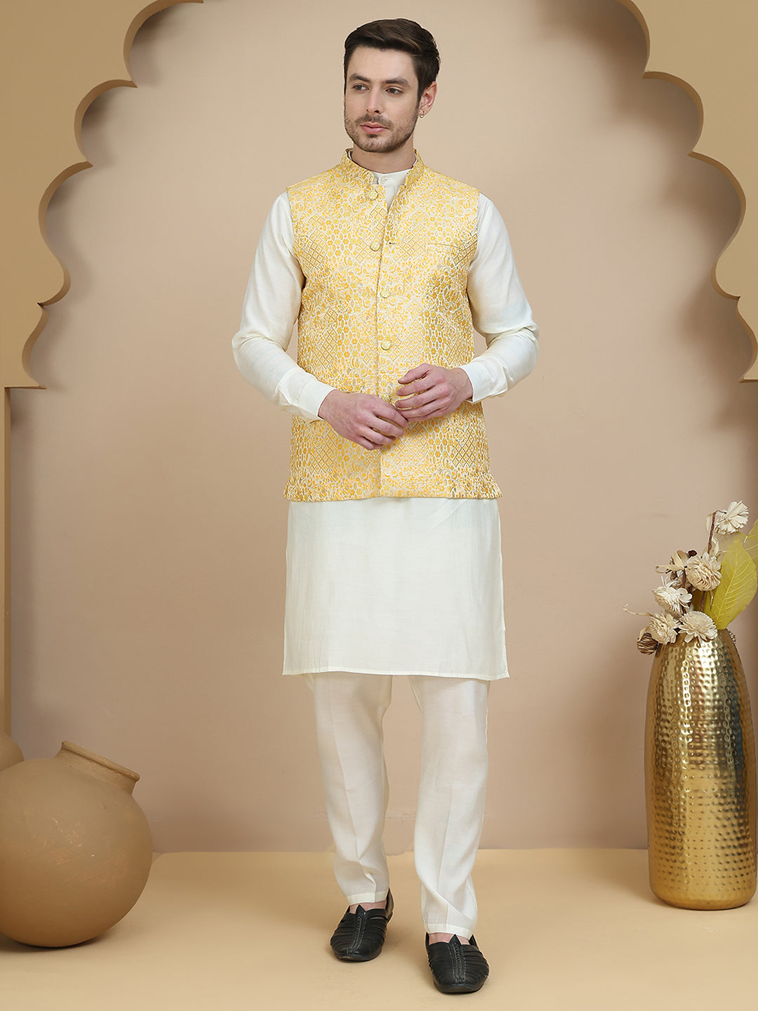 DesiQlo Men Woven Design Nehru Jacket and Kurta Pyjama  - JO yellow