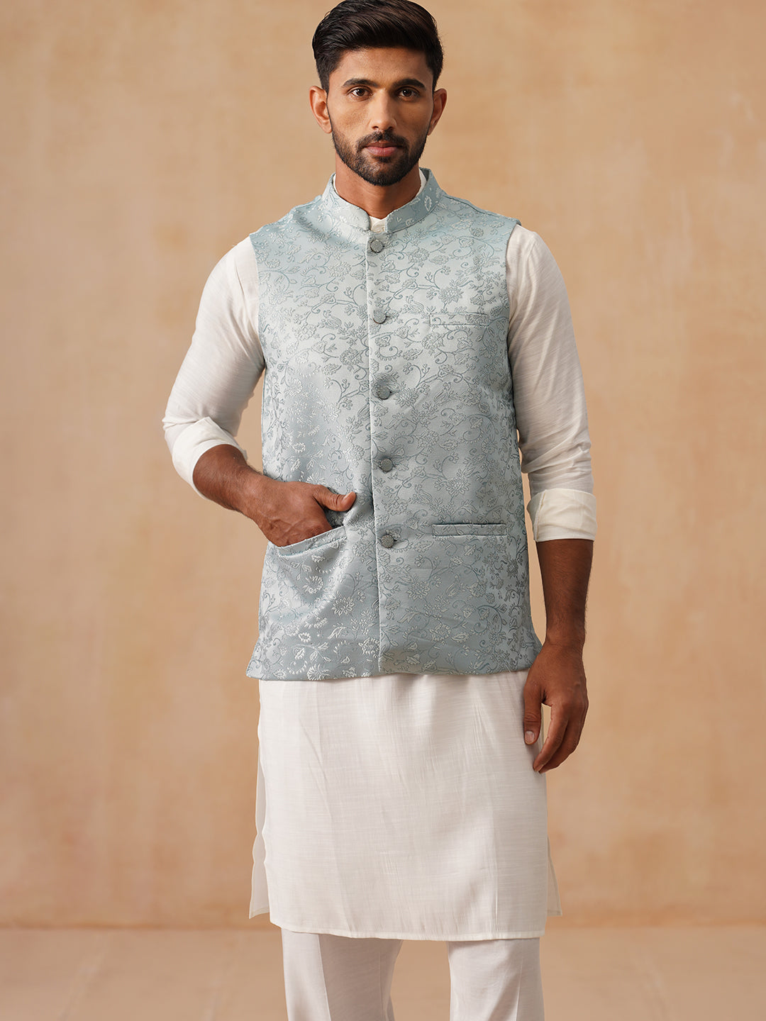 DesiQlo Men Woven Design Nehru Jacket and Kurta Pyjama  - JO 135sky