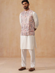 Embroidered Nehru Jacket with Kurta Pyjama Set ( JOKPWC 592W 4136 Peach )