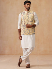 Embroidered Nehru Jacket with Kurta Pyjama Set ( JOKPWC 592W 4136 Yellow )