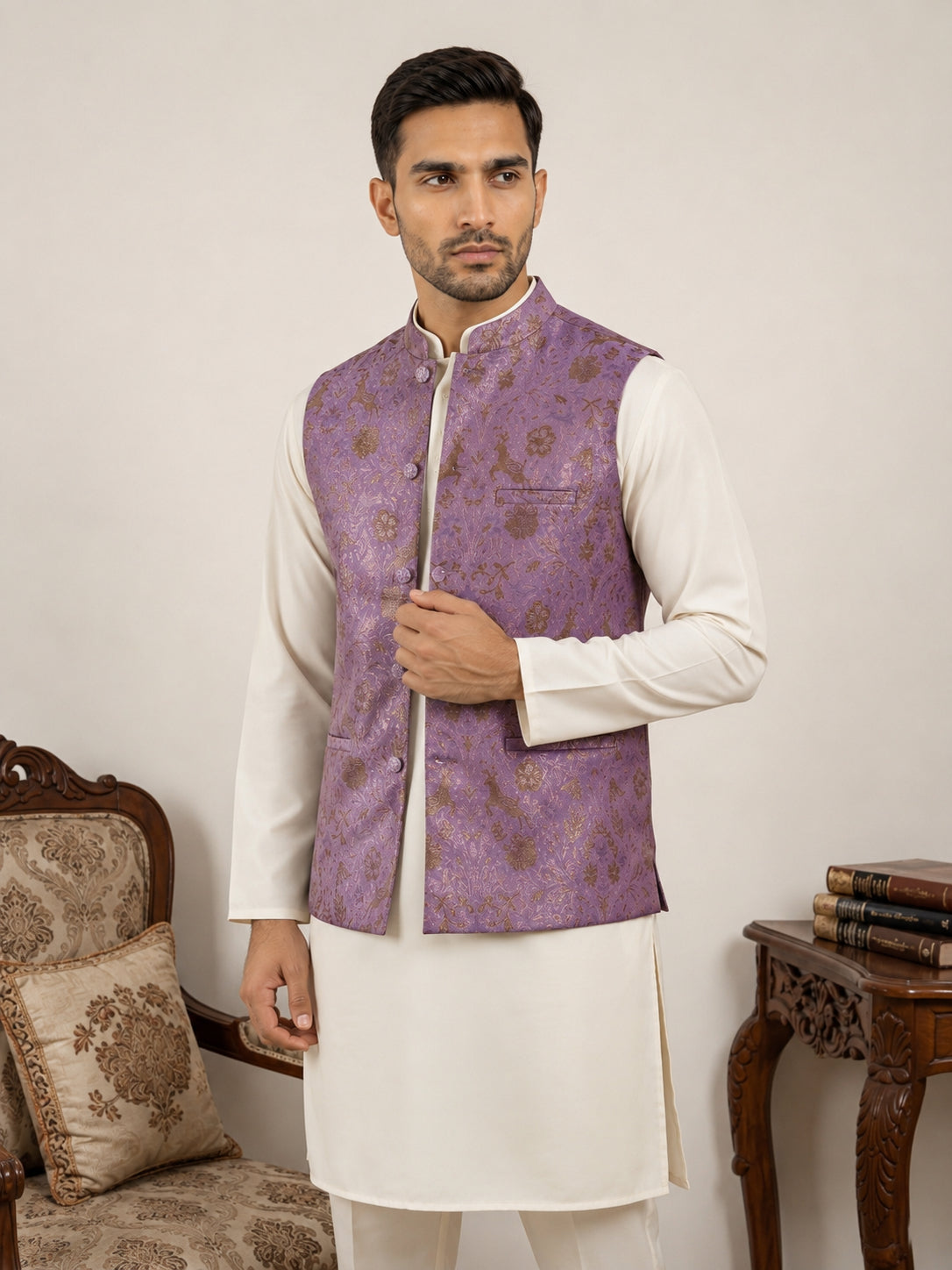DesiQlo Men Printed Nehru Jacket and Kurta Pyjama Set.. - JOKPWC_592W_