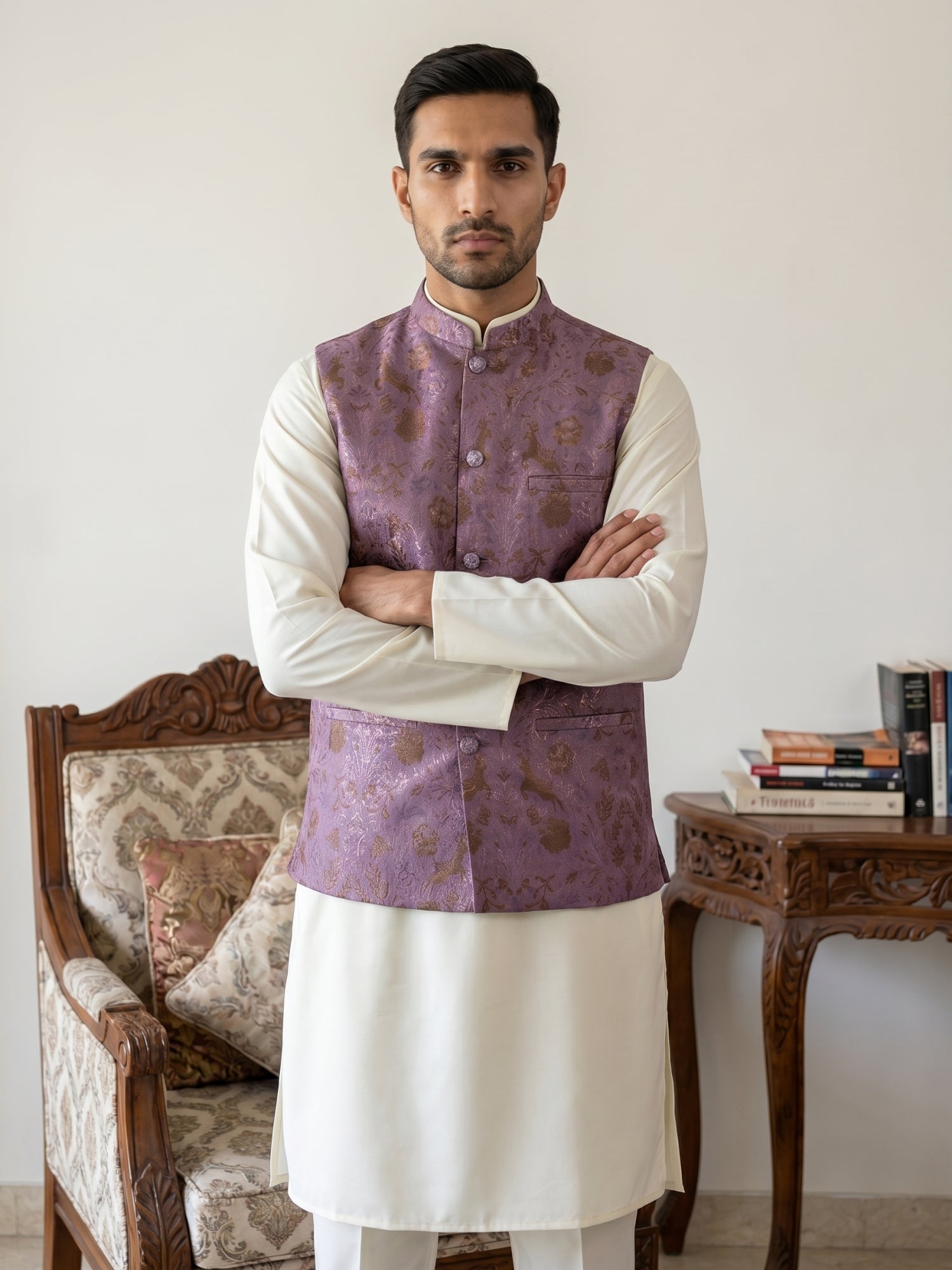 DesiQlo Men Printed Nehru Jacket and Kurta Pyjama Set.. - JOKPWC_592W_