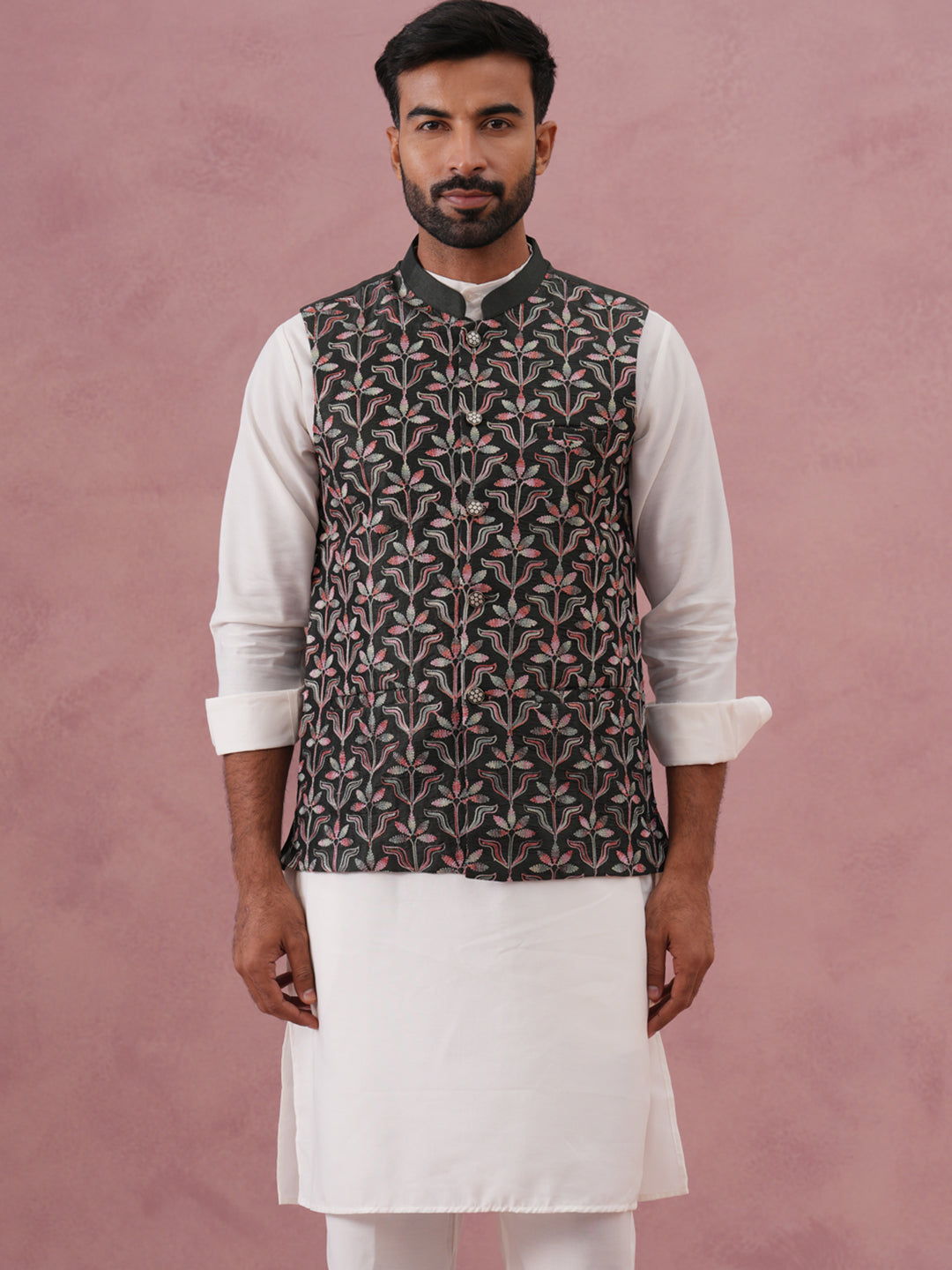 DesiQlo Men Embroidered Nehru Jacket and Kurta Pyjama S - JO mehndi