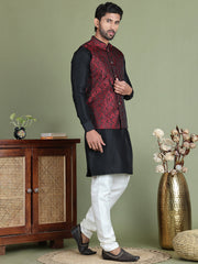 Woven Design Nehru Jacket With Solid Kurta Pyjama ( JOKPWC 636B 4004Maroon )