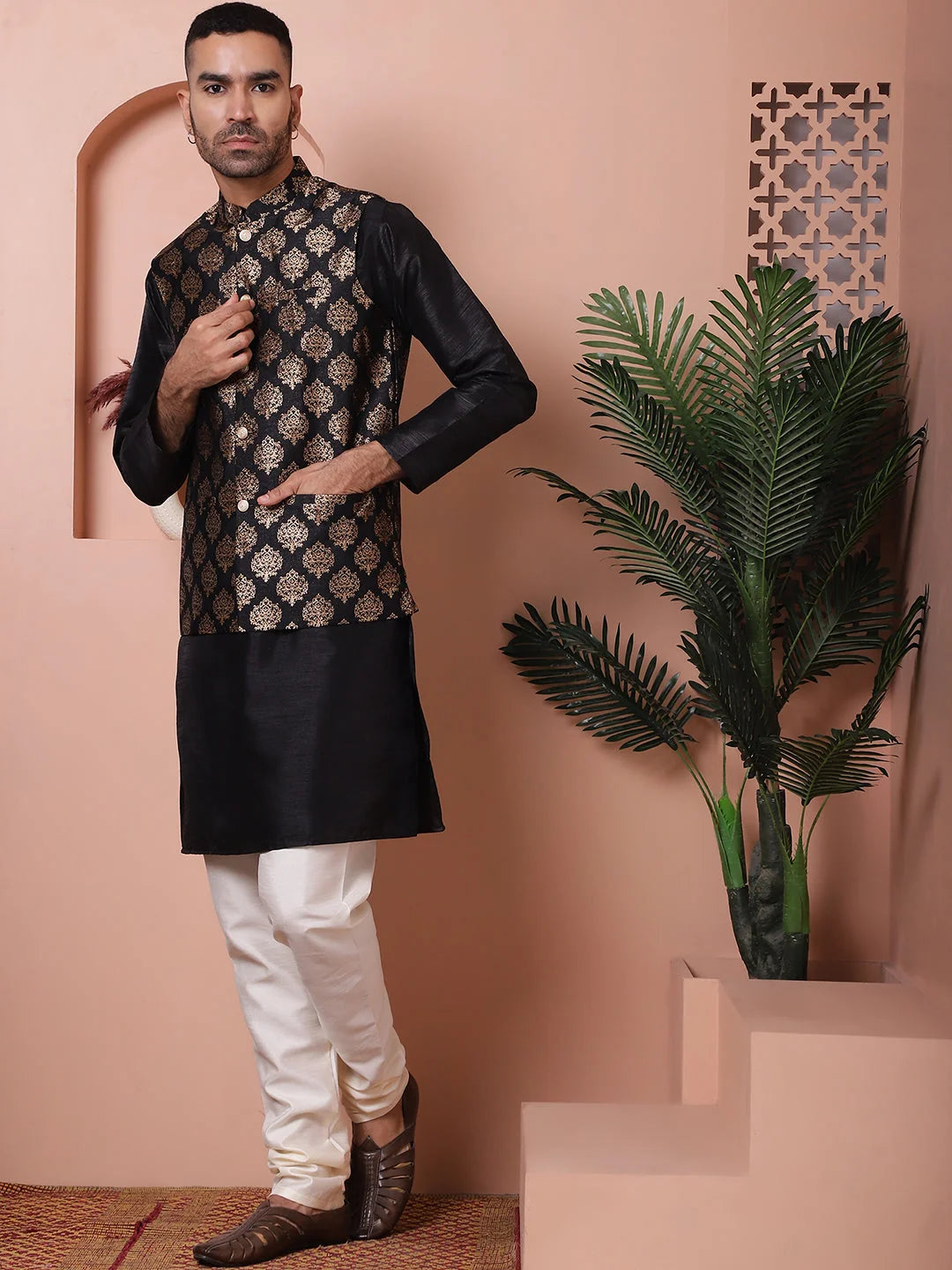 Black Printed Nehru Jacket Kurta Pajama | Mens Kurta Pajama Set
