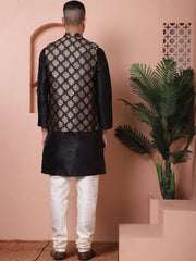 Men's Black Printed Nehru Jacket With Solid Kurta Pyjama-JOKPWC-636B