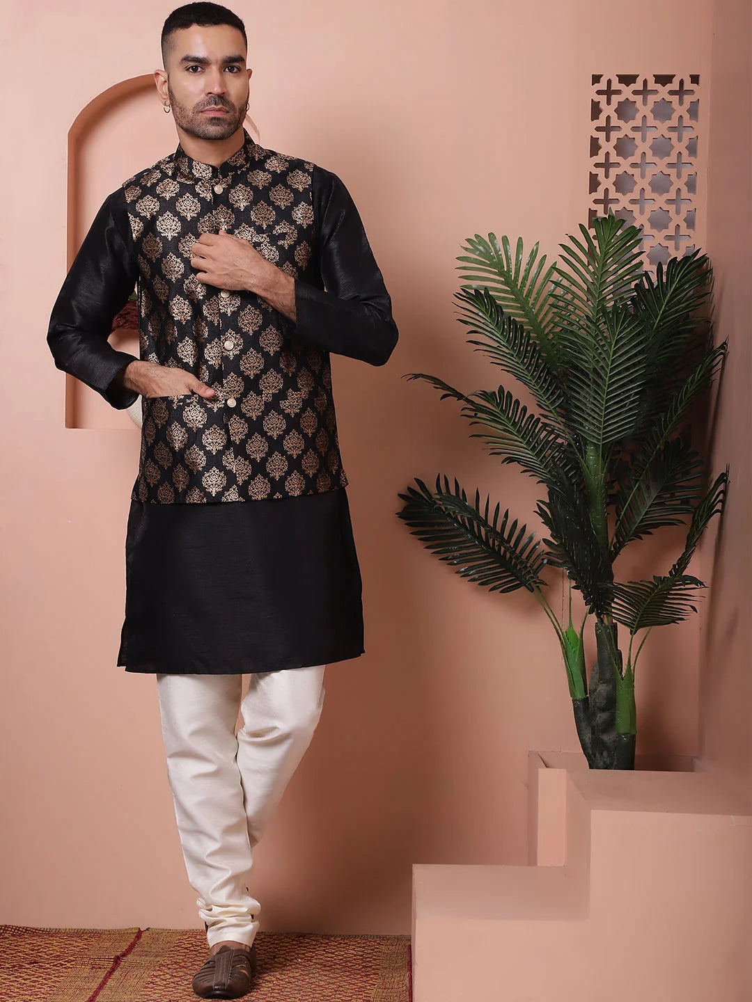 Black Printed Nehru Jacket Kurta Pajama | Mens Kurta Pajama Set