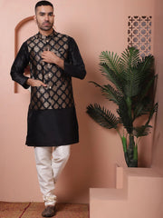 Men's Black Printed Nehru Jacket With Solid Kurta Pyjama-JOKPWC-636B