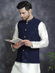 Men's Sequins and Embroidred Nehru Jacket With Solid Kurta Pyjama. ( JOKPWC 636B 4080Navy )