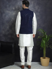 Men's Sequins and Embroidred Nehru Jacket With Solid Kurta Pyjama. ( JOKPWC 636B 4080Navy )