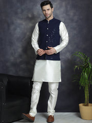 Men's Sequins and Embroidred Nehru Jacket With Solid Kurta Pyjama. ( JOKPWC 636B 4080Navy )