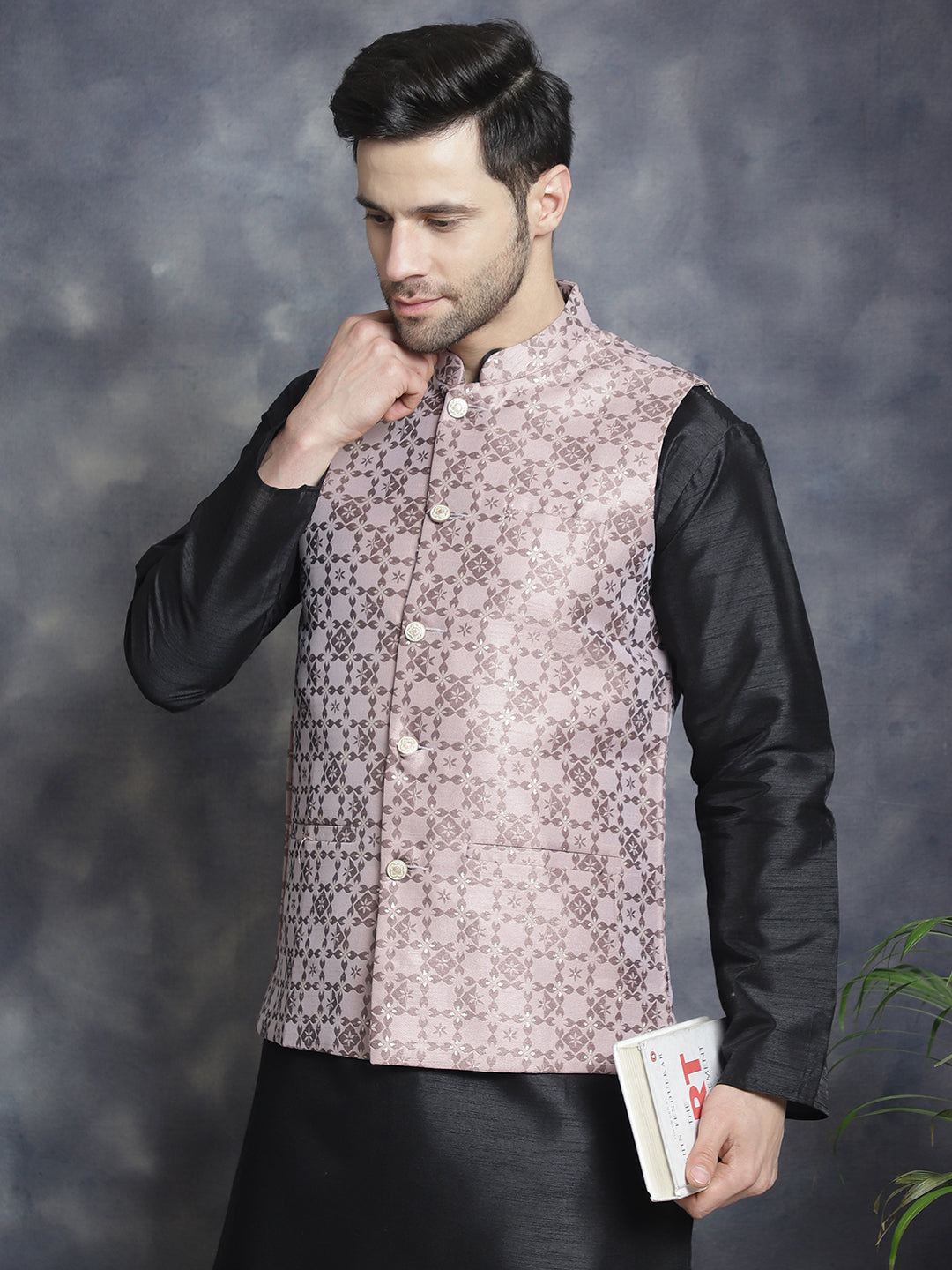 DesiQlo Men Woven Design Nehru Jacket and Kurta Pyjama Set - Pink
