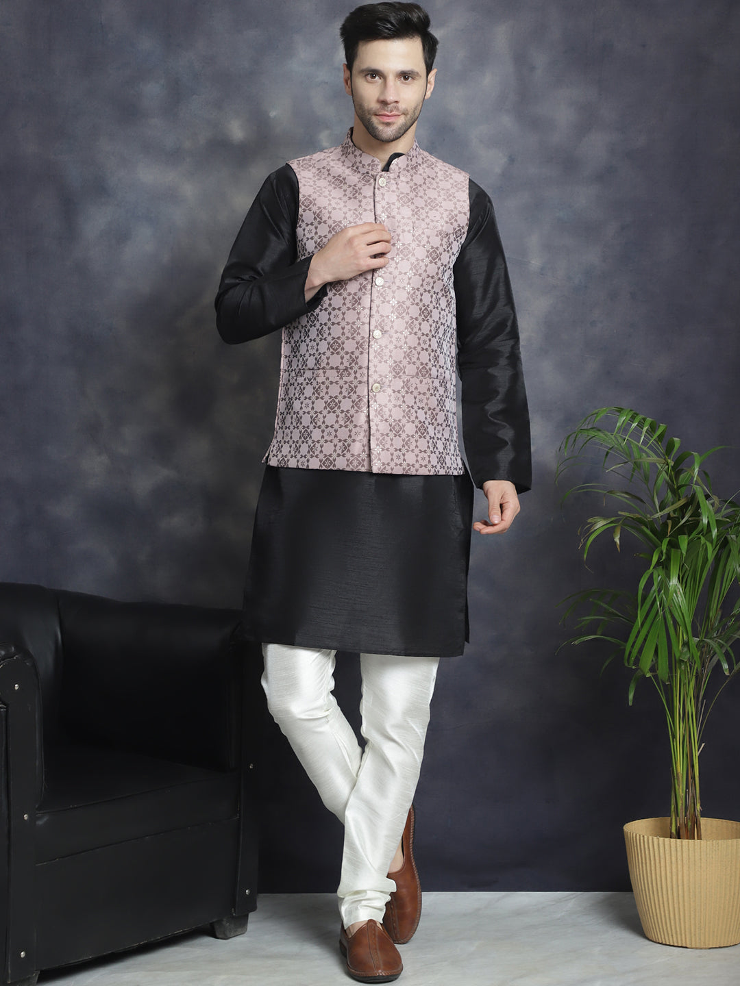 DesiQlo Men Woven Design Nehru Jacket and Kurta Pyjama Set - Pink
