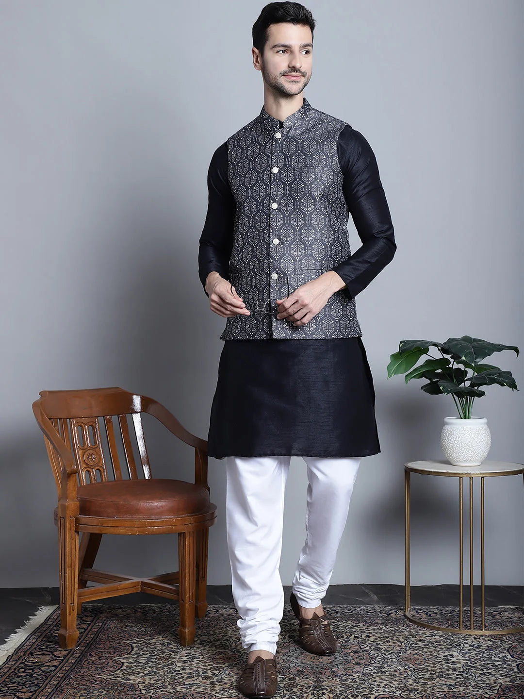 Printed Nehru Jacket With Kurta Pyjama Set