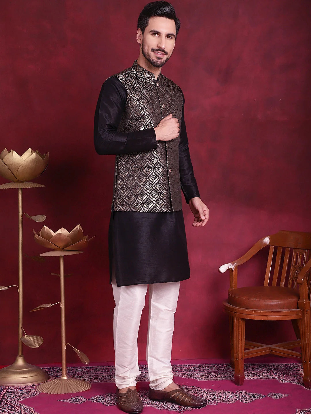 Golden Woven Nehru Jacket Mens Kurta Pajama Set - Cotton Blend
