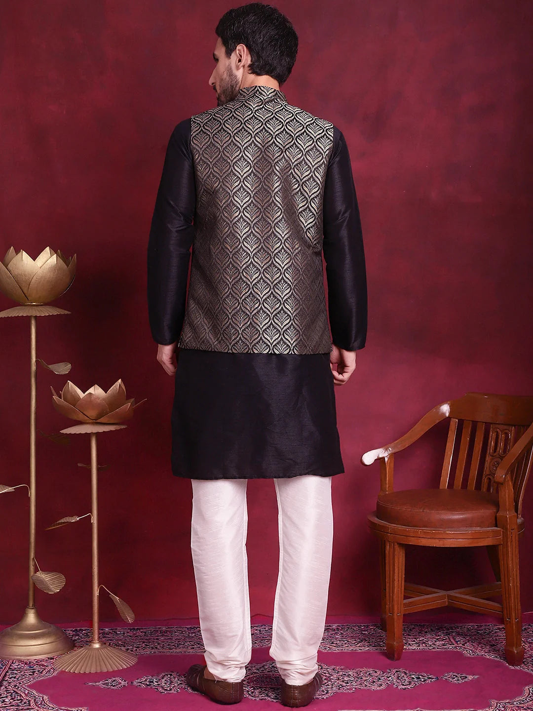 Golden Woven Nehru Jacket Mens Kurta Pajama Set - Cotton Blend