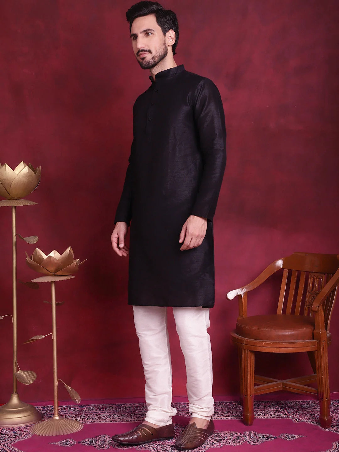 Golden Woven Nehru Jacket Mens Kurta Pajama Set - Cotton Blend