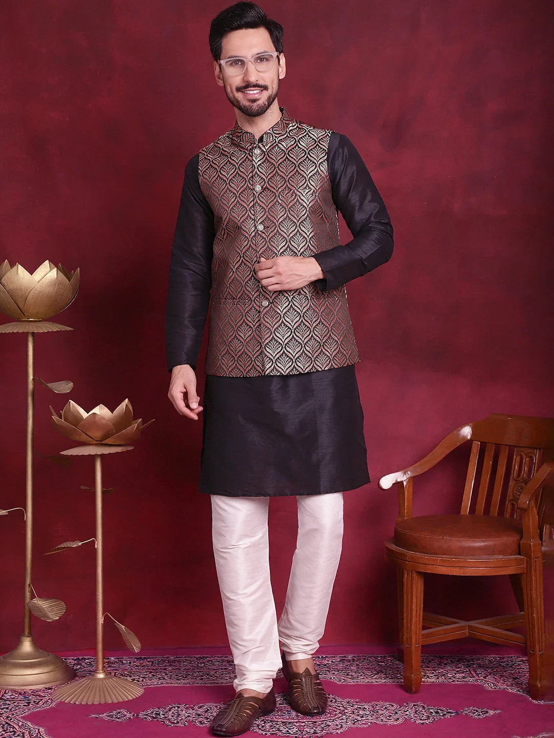Maroon Nehru Jacket Mens Kurta Pajama Set - Cotton Solid Pattern