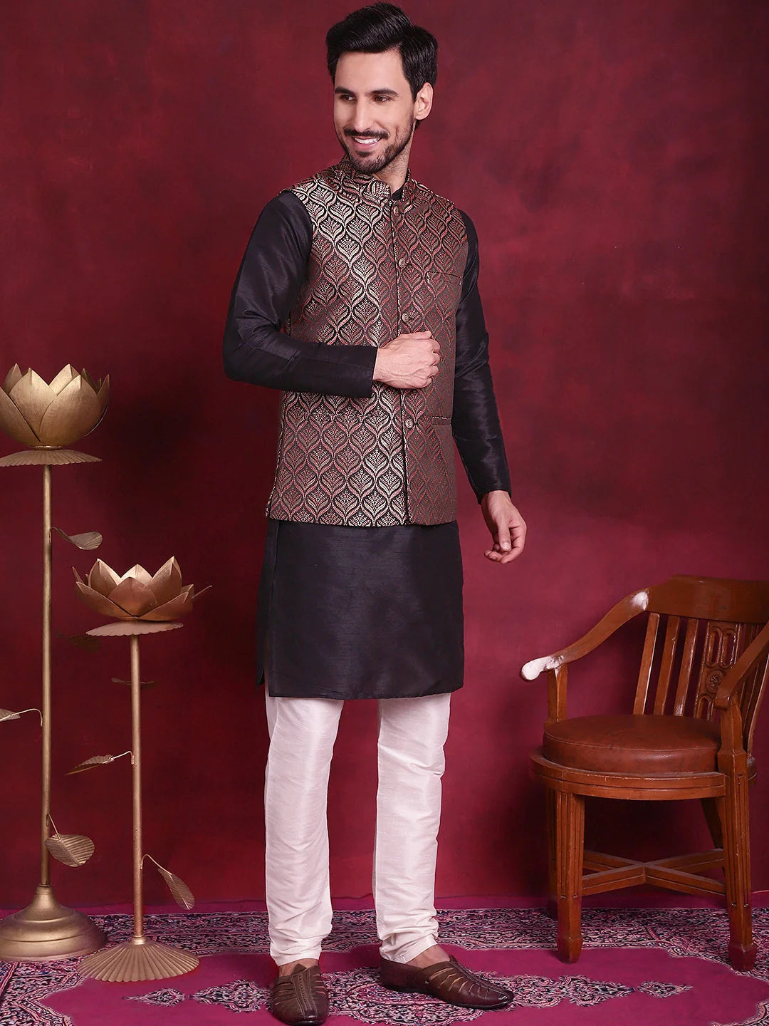 Maroon Nehru Jacket Mens Kurta Pajama Set - Cotton Solid Pattern