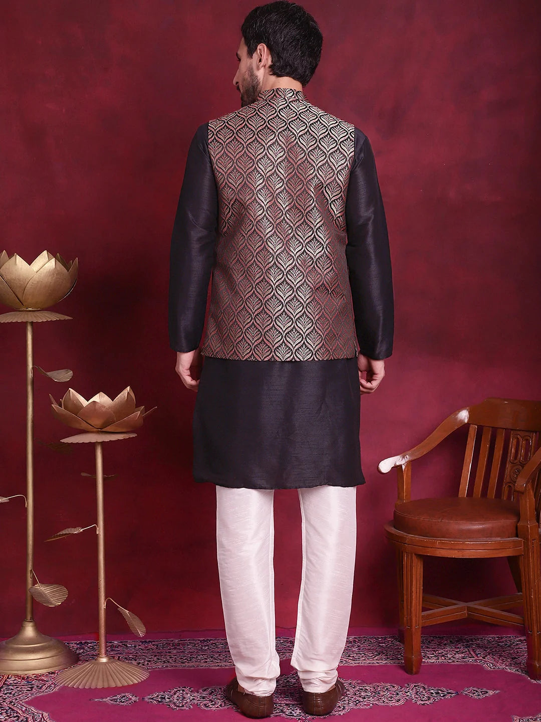 Maroon Nehru Jacket Mens Kurta Pajama Set - Cotton Solid Pattern