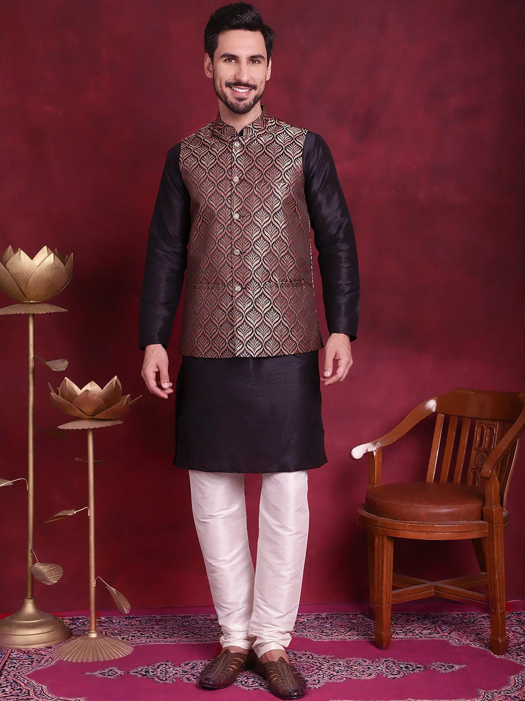 Maroon Nehru Jacket Mens Kurta Pajama Set - Cotton Solid Pattern