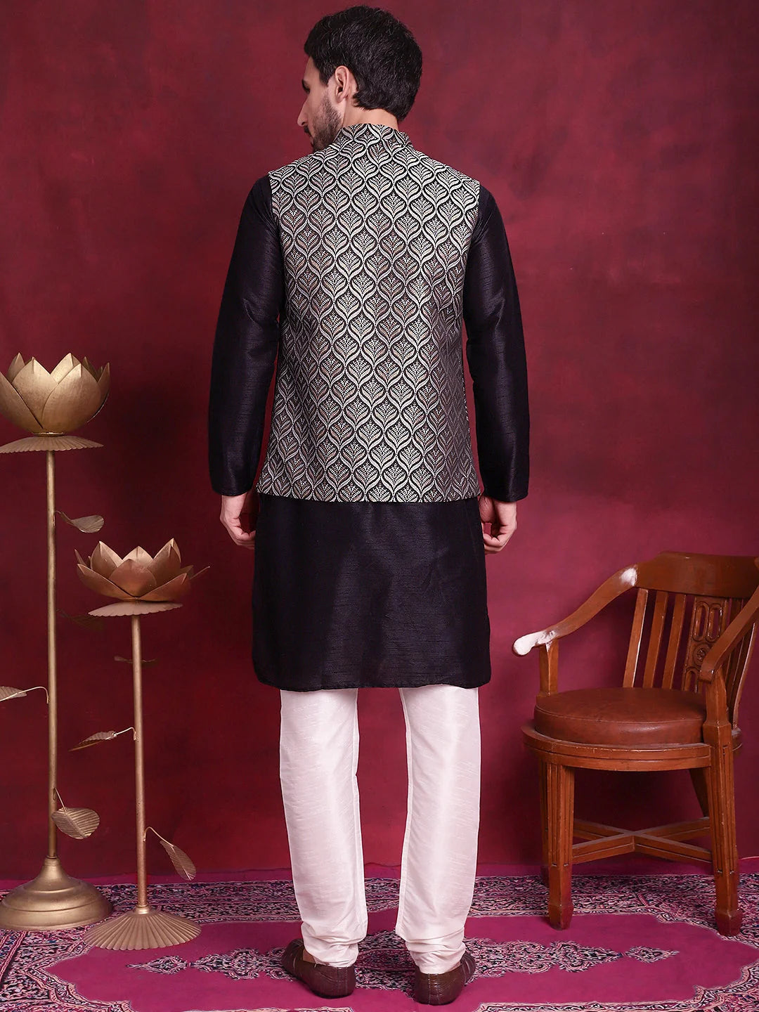 Silver Woven Nehru Jacket Mens Kurta Pajama Set - Cotton Fabric