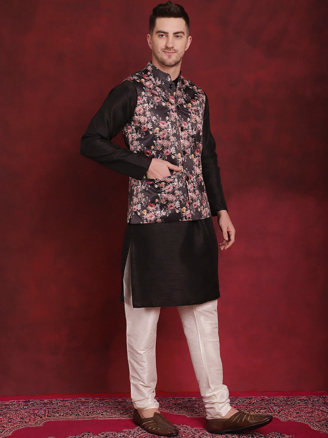 Black Floral Kurta Pajama Set | Mens Kurta Pajama Fashion