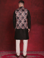 Black Floral Printed Nehru Jacket With Kurta Pyjama Set ( JOKPWC 636B 4090Black )