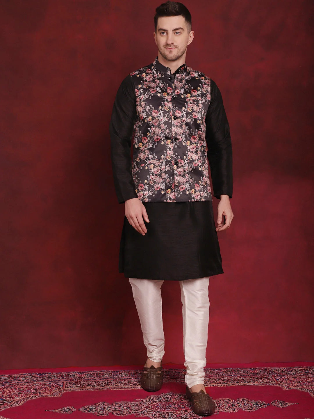 Black Floral Kurta Pajama Set | Mens Kurta Pajama Fashion