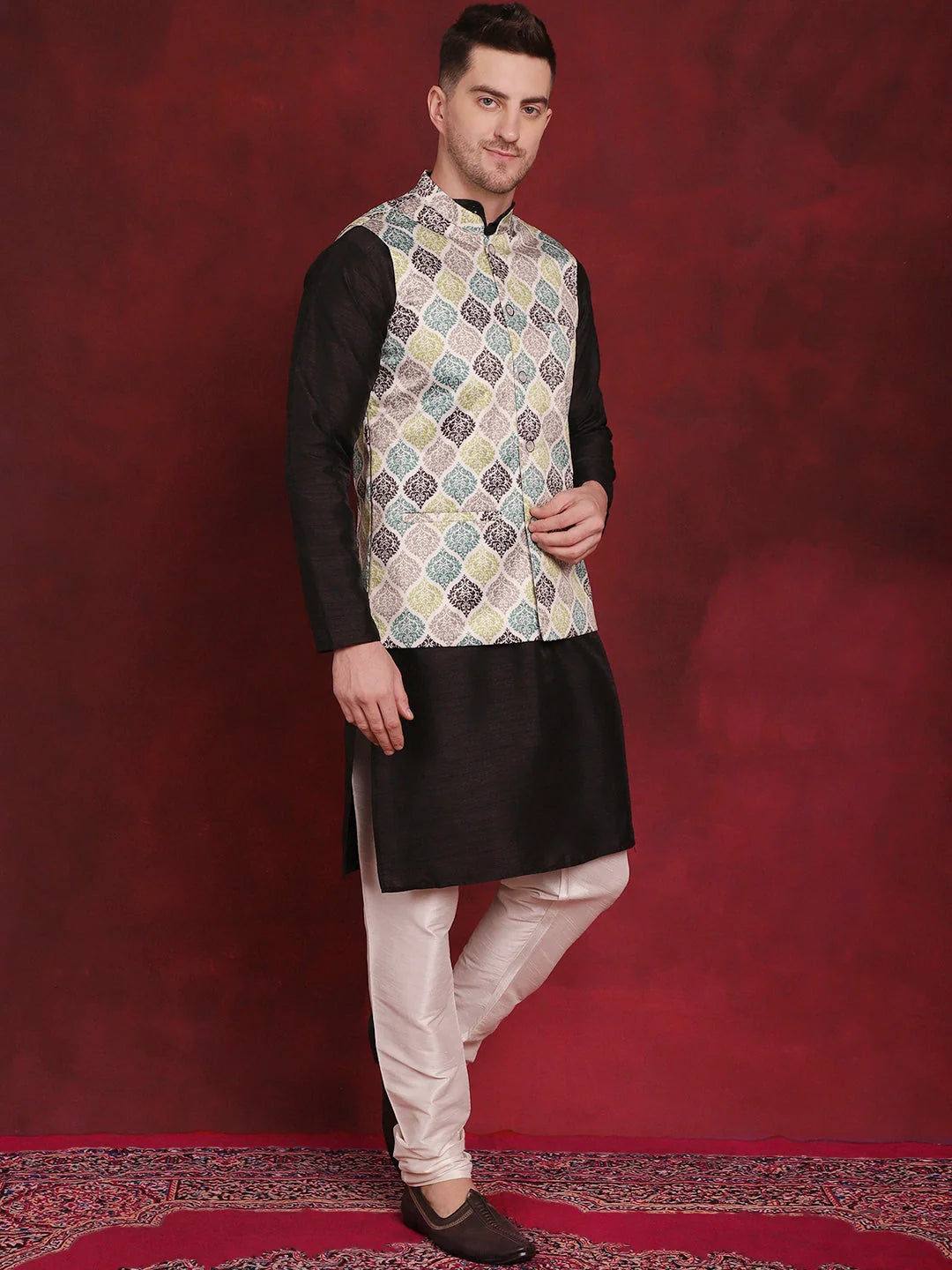 Green Floral Nehru Jacket Mens Kurta Pajama Set - Cotton