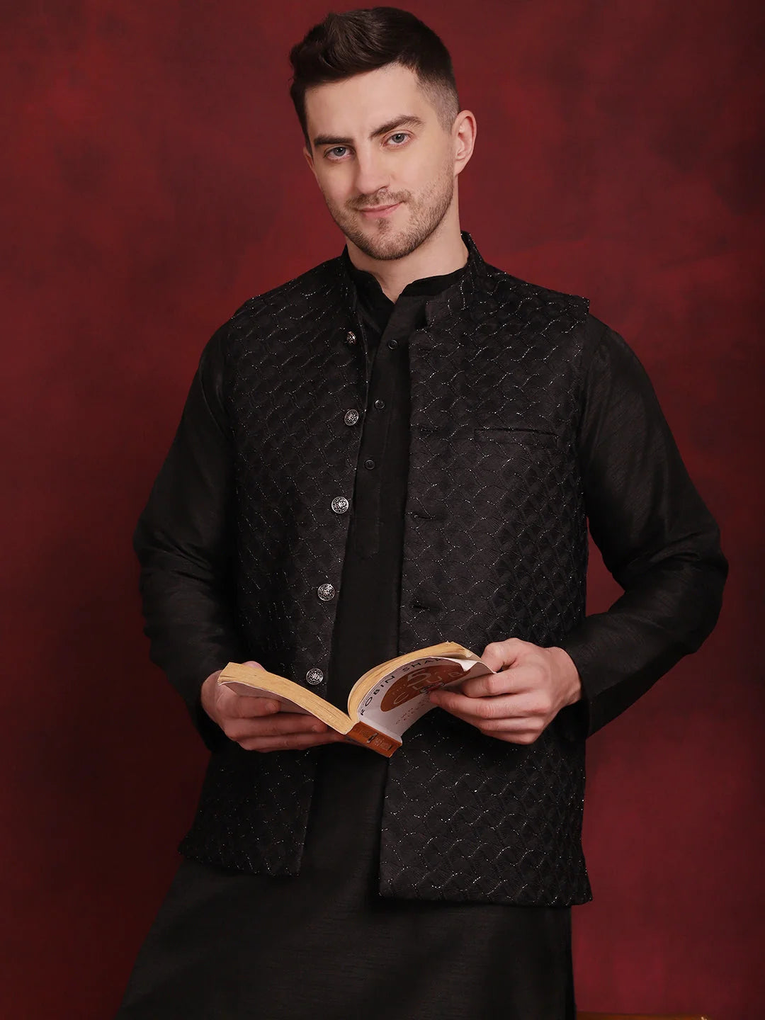 Black Woven Nehru Jacket Kurta Pajama Set | Mens Kurta Pajama