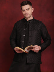 Black Woven Design Nehru Jacket With Kurta Pyjama Set ( JOKPWC 636B 4091Black )